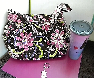 Vera Bradley Reversible Shoulder Bag  Purple Punch  & Brown Keychain & Tumbler • $19.99