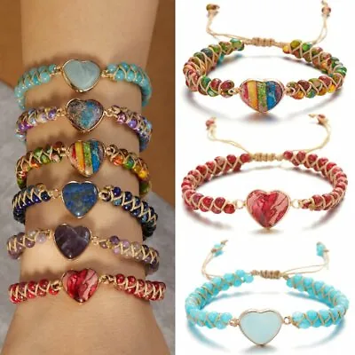 Natural Stone 7 Chakra Heart Leather Wrap Bracelets Yoga Jewelry Women Handmade • $6.26
