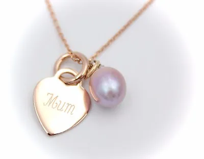 Rose Gold Over Sterling Silver Heart & Pearl Necklace And Personalised Engraving • £24.95