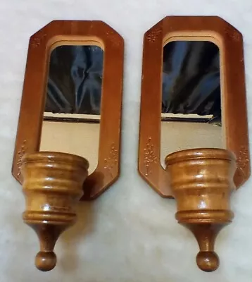Set Of 2 Wall Candle Scones Vintage Wood Mirror Pillar Candle Holder  Midcentury • £45.06