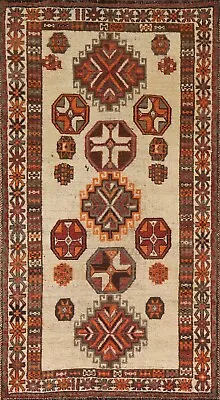 Vintage Runner Rug 3x7 Ft.Geometric Ivory Qashqai Oriental Handmade Hallway Wool • $760.80