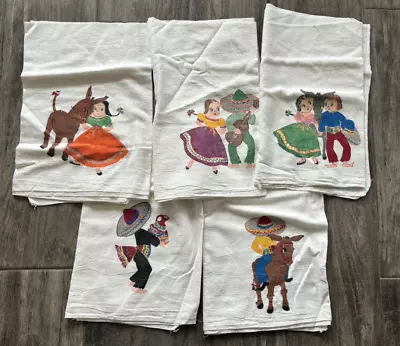 Vtg Set Of 5 Linen Kitchen Tea Towels Painted Mexicana Dishtowels 28 X 28 • $19.99