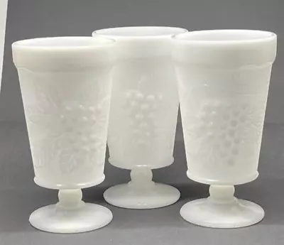 3 Milk Glass Grape Design Water /Ice Tea Footed Tumbler 12oz 5.75  Vintage • $9.95