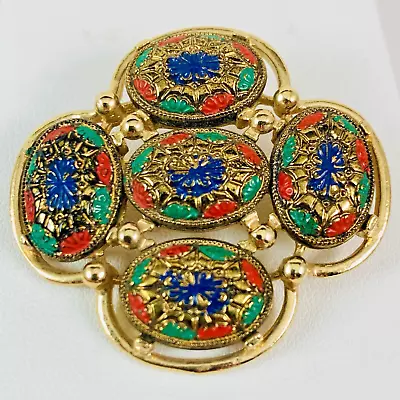 VTG 1968 SARAH COVENTRY Signed Enameled Faux Mosiac Style Gold Tone Brooch Pin • $19.99