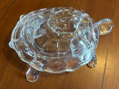 Vintage Clear Glass Turtle Candy Bowl With Lid Mama Carrying Baby Turtle 10”Long • $20.92