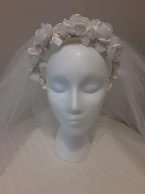 2-tier Short Wedding Veil With Comb Pearl And White Rose Detail • $25