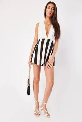 Striped Wrap Front Playsuit Zip Up Low Plunge Womens Ladies Romper One-Piece • £5.75