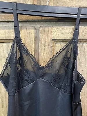 $15 • Buy Vintage Full Slip Dress Sans Souci Black Nylon Lace Sid Slits Made USA Lingerie