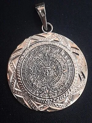 Vintage Mexican Sterling Silver Pendant LARGE Mayan Calendar Double Sided • $85