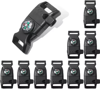 10Pcs Pack Black 5/8  Compass Flint Scraper Fire Starter Whistle Buckle Plastic  • $15.17