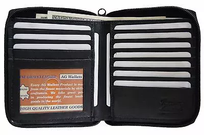 AG Wallets MENS Zip Around Hipster Wallet Euro Black Genuine Leather Card Holder • $17