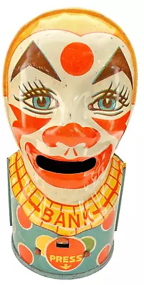 Antique J. Chein Tin Litho Clown Figural Mechanical Coin Money Bank 5 1/4  Tall • $89.99