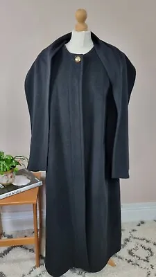 Vintage Maxi Wool Angora Black Coat Jacket Size 16 18 20 Scarf Cape • £55.99