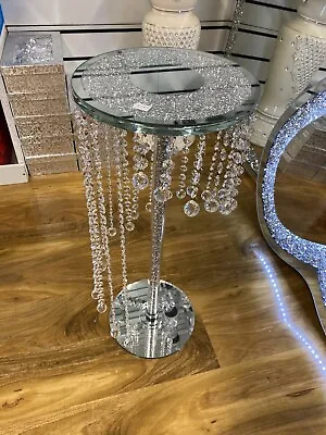 Crush Diamond 60cm Silver Mirrored Side Table Modern Glass Stand Sparkle Crystal • £47.99