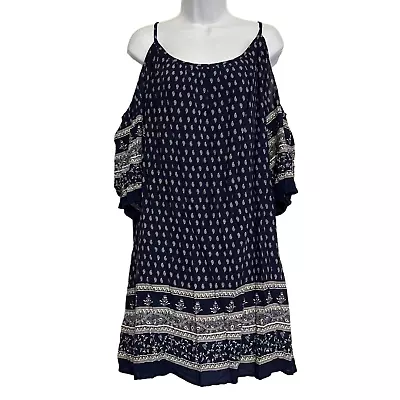 Ya Los Angeles Mini Dress Blue White Paisley Cold Shoulder Short Sleeve Size M • $11.99