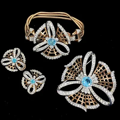 VTG Signed MAZER Crystal Pave With Blue Glass Brooch Bracelet Earrings Set • $1199