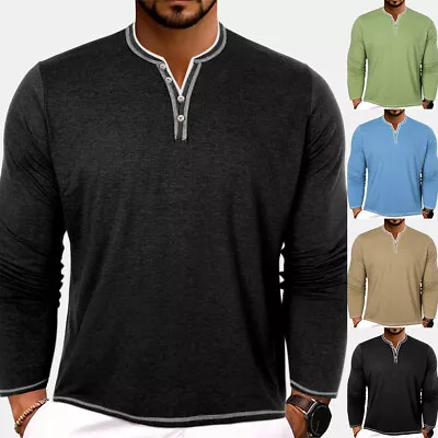 Men Pullover Solid Casual Button Long Sleeve T-shirts Autumn Slim Fit Blouse Top • $25.99