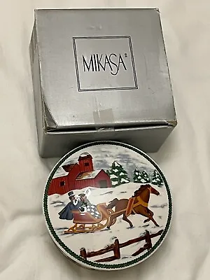 Mikasa Country Sleigh Winter Scene Porcelain Trinket Candy Dish Lid Original Box • $13.72