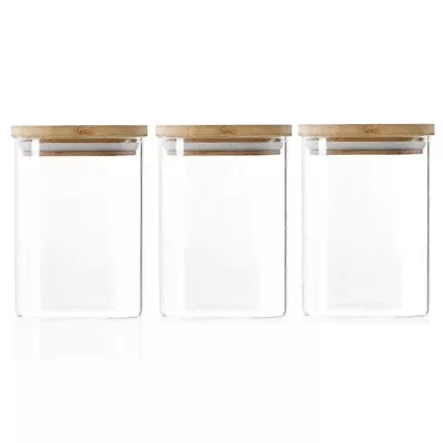 3 X 0.5L Glass Jar Square Airtight Wooden Lid Canister Bottle Storage Container • $37