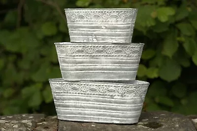 Rose Galvanised Zinc Metal Planter | Garden Flower Pots Trough Set Of 3 OR 1 • £11.99