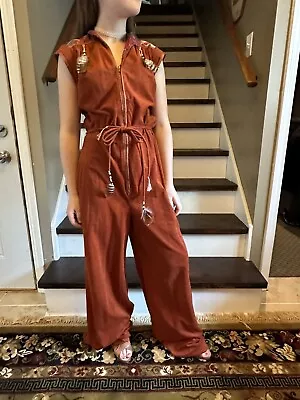 Vintage Bell Bottom Flare 70s Disco Feather  & Textured  Rust Romper Jumpsuit  M • $49