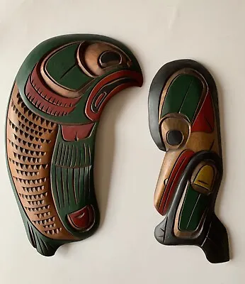 $200 • Buy Vintage Rare Hand Carved Painted Salmon & Bird By Willie Demsey, Kwakiutl (2)