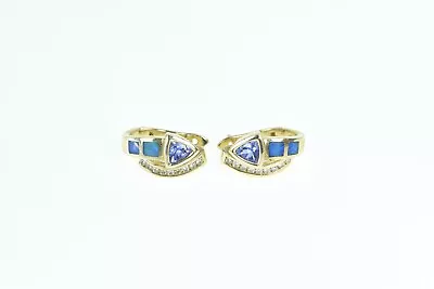 14K Trillion Tanzanite Opal Diamond Hoop Earrings Yellow Gold *31 • $595.95