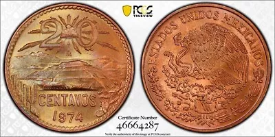 1974Mo Mexico 20 Centavos PCGS MS66RB Bronze • $50