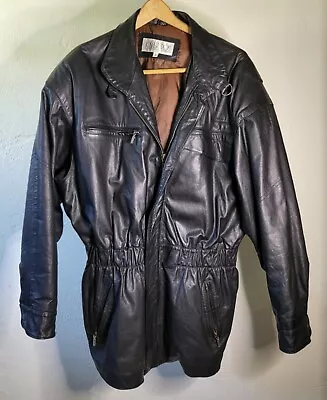 Large Heavyweight Black Leather Motorcycle Jacket Elastic Waist Zippered Pockets • $75