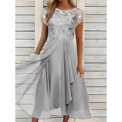 Ladies Party Long Dress Short Sleeve Maxi Dresses Women Elegant Belt Ball Gown • £26.39