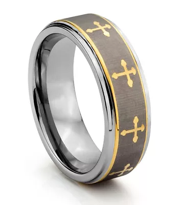 TungstenMasters 8MM Tungsten Mens Gold Celtic Cross Wedding Band Ring • $34.95