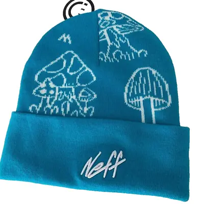 NWT Neff Beanie Winter Hat Snowboard Skate Blue Teal Mushroom Script Embroidered • $19.95