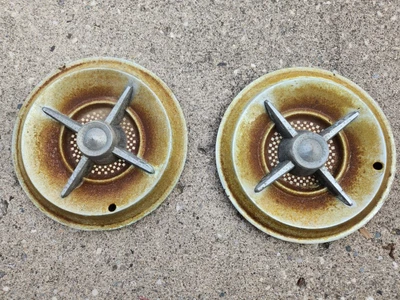 $25 • Buy 2 VINTAGE LANCER Style HUBCAP WHEEL COVER CENTER CAP Rough Aftermarket RAT ROD