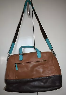 MYWALIT Leather Bag Brown Tan Turquoise Blue Laptop Case Quirky • £46