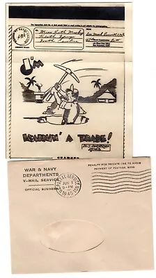 1945 WWII Illustrated V-Mail - 43rd Naval Const. Seabees Cartoon • $17.50