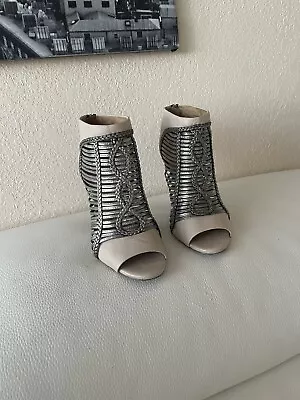 L.A.M.B. By Gwen Stefani Kacee Leather Ankle Open Toe Bootie Vanilla/Silver Sz 7 • $49