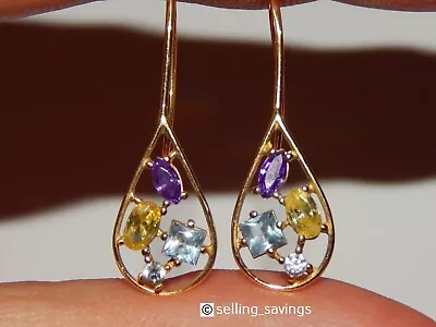 18k Yellow Gold 1.50 Tcw Sapphire Amethyst Topaz 1.3 Inch Long Hook On Earrings • $295