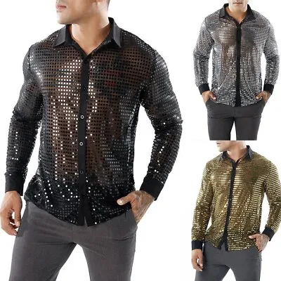 Shiny Sparkle Sequin Men's Disco Dance Shirts Retro 70s Nightclub Tops • £20.57