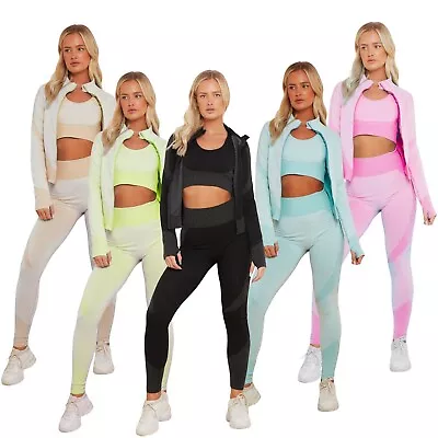 Ladies 3pcs Sports Bra Jacket Fitness High Waist Pants Yoga Gym Tracksuit Set • $31.09