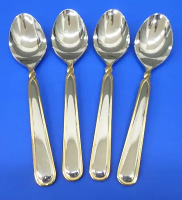 4 Mikasa PIROUETTE Gold Accent Glossy 18/8 Stainless Japan Flatware SOUP SPOONS • $26.95