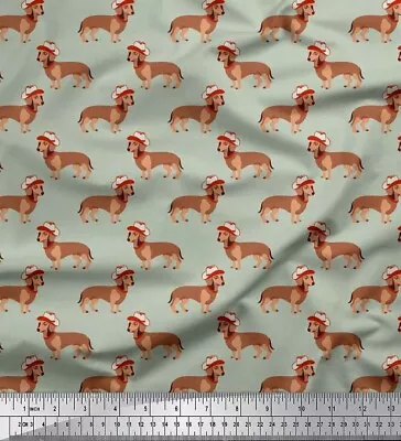 Soimoi Green Cotton Poplin Fabric Hat & Dachshund Dog Decor Fabric-bFN • $9