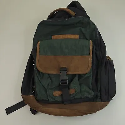 Vintage Eddie Bauer Backpack Forest Green Brown Leather Bottom Snaps Straps Good • $44.95