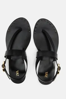 Zara Micro-studded Flat Leather Sandals Black 6 • $44