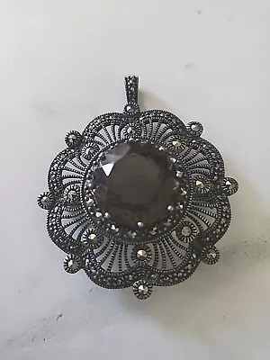 Smokey Quartz Pendant/Brooch 925 Sterling Silver Marcasite 15.8gr  1.75 In. • $21.99