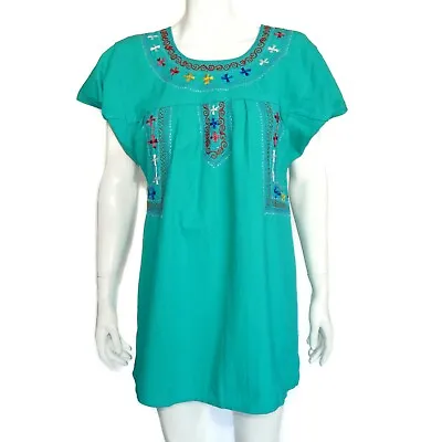 Vintage Mexican Embroidered Tunic Kahlo Dress Pretty Turqouise Blue Xs/s - 506 • $24.99