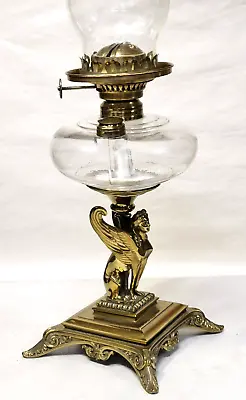 Stunning Antique SPHINX Oil Lamp Brass/Bronze Figural Egyptian Revival Empire • $450