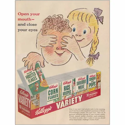 1954 Kellogs Cereal Variety Pack: Open Your Mouth Clo Vintage Print Ad • $8.50