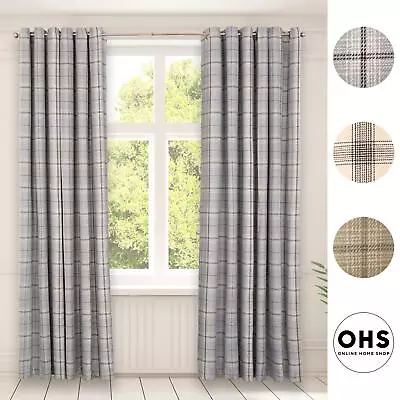 Check Eyelet Blackout Curtains Pair Thermal Ring Top Textured Woven Ready Made • £24.99