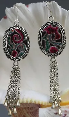 Tribal Exotic Chinese Miao People's Old Hand Dazi Embroidery Miao Silver Earring • $35