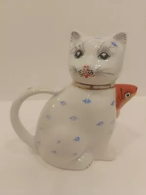 Vintage Mini China Porcelain Glass Cat Luck Teapot Pitcher Kitten Goldfish White • $15